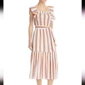 Revolve Saylor Goldia Tiered Rainbow Stripe Gauzy Cotton Ruffle Maxi Dress Small